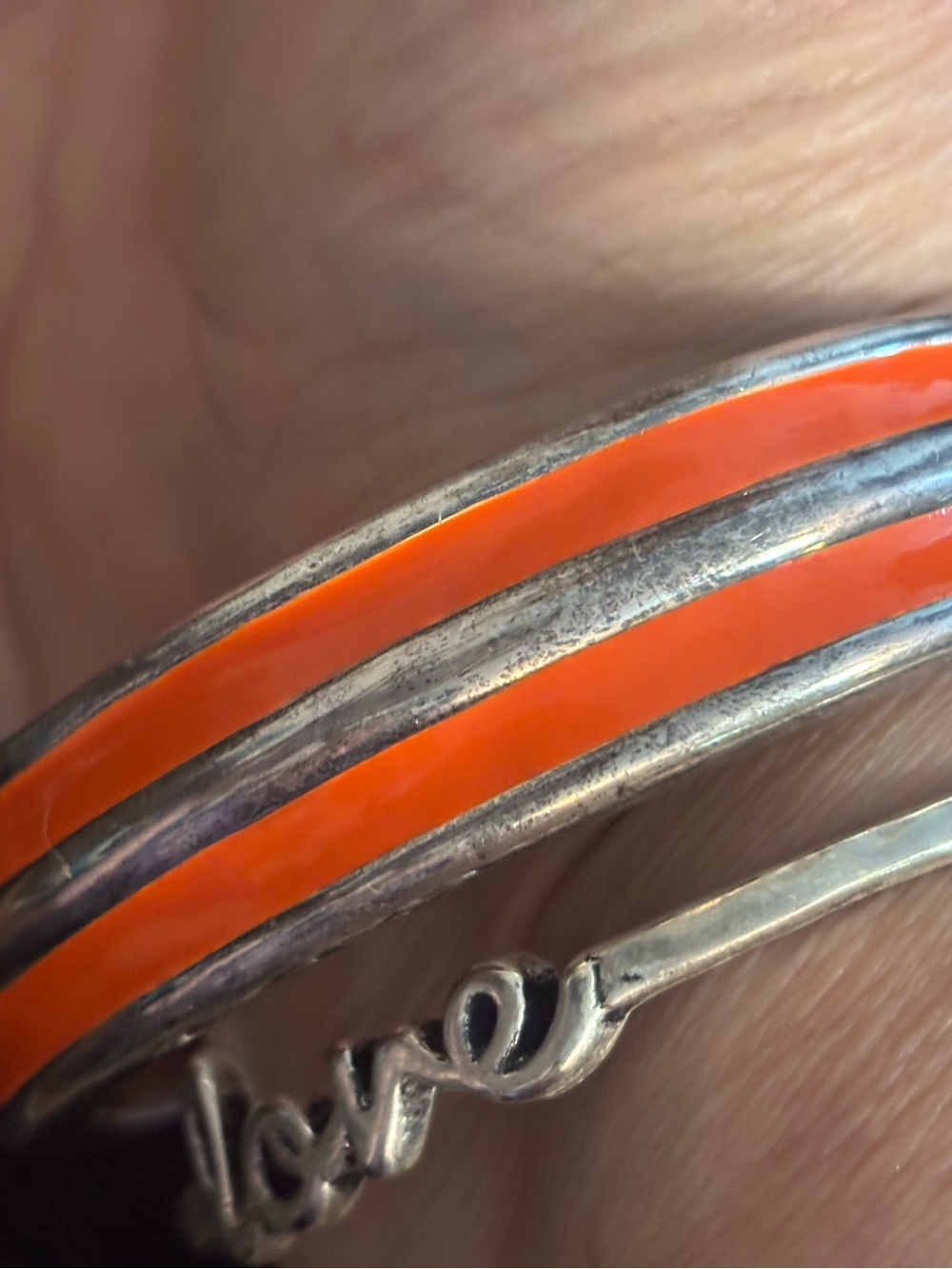 Simon Sebbag Orange Enamel Cuff Bracelet with 'love' Accent